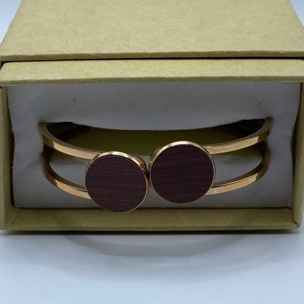 Woodstone Boho Rose Gold Genuine Wood Bracelet Minimalist Cuff Bangle NIB Chic